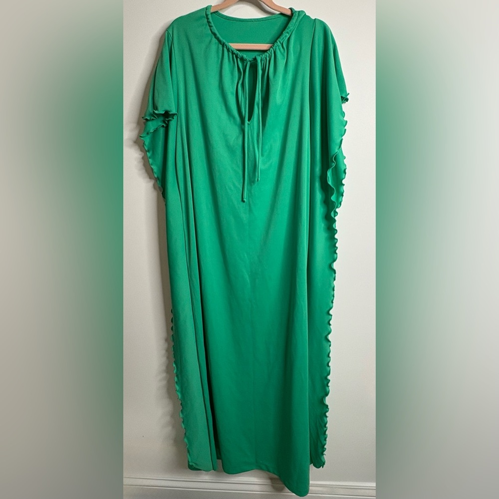 Green Maxi Muu-muu Dress with Ruffle Sleeves Mrs Roper 18” Slit on Sides